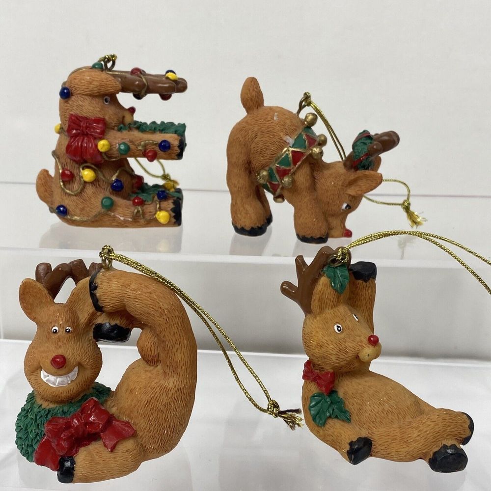 Reindeer Christmas Ornaments Lot Of 4 Silly Pose Animal Red Nosed Resin Decor - Picture 1 of 9